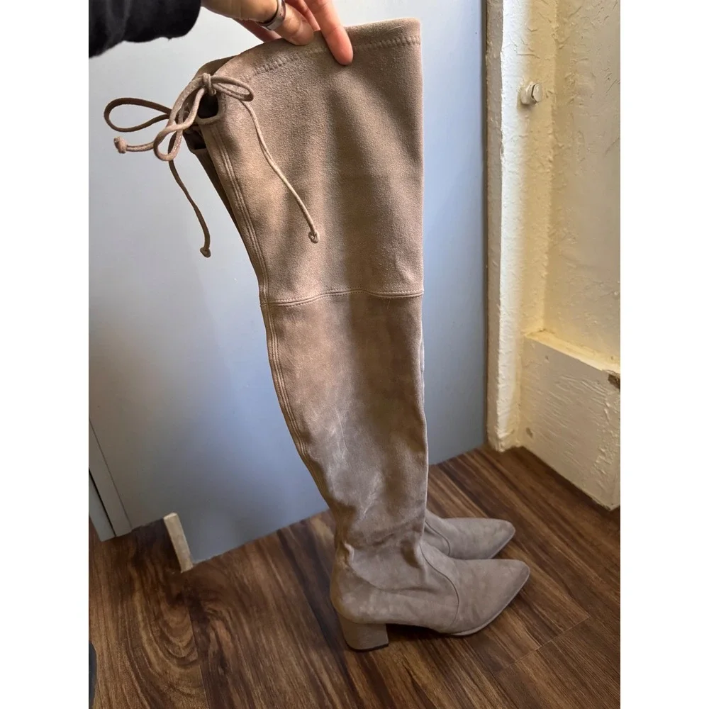 Stuart Weitzman Tieland Over The Knee Suede Taupe Gray Heel Pointed Toe Size 6